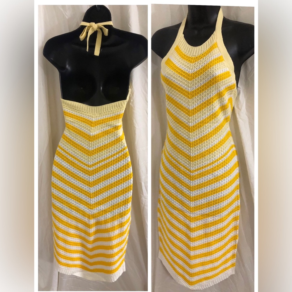 yellow white chevron style pattern crochet knit mesh halter dress size large new